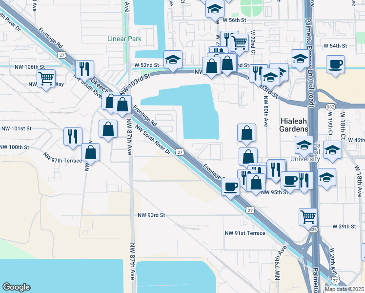 map of restaurants, bars, coffee shops, grocery stores, and more near 9837 West Okeechobee Road in Hialeah