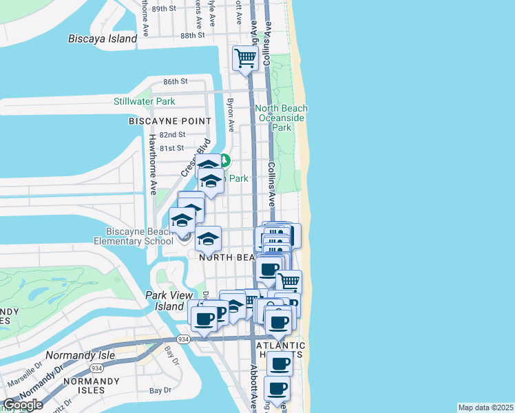 map of restaurants, bars, coffee shops, grocery stores, and more near in Miami Beach