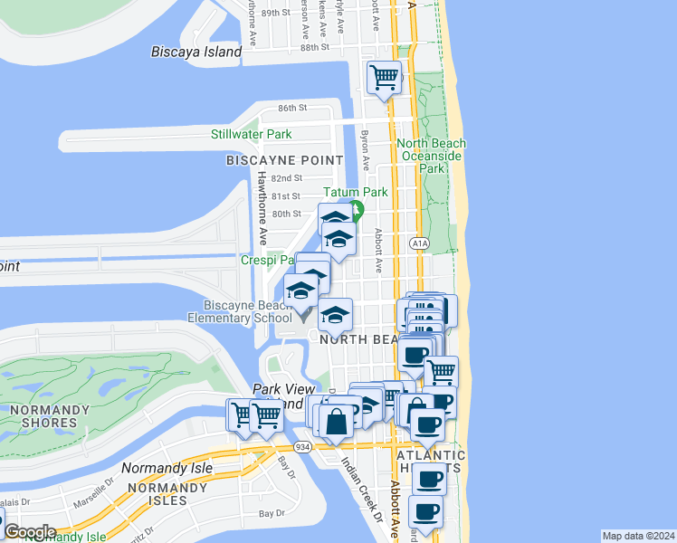 map of restaurants, bars, coffee shops, grocery stores, and more near 630 78th Street in Miami Beach