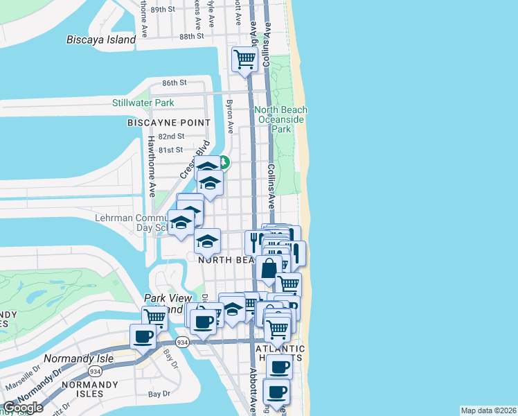 map of restaurants, bars, coffee shops, grocery stores, and more near in Miami Beach
