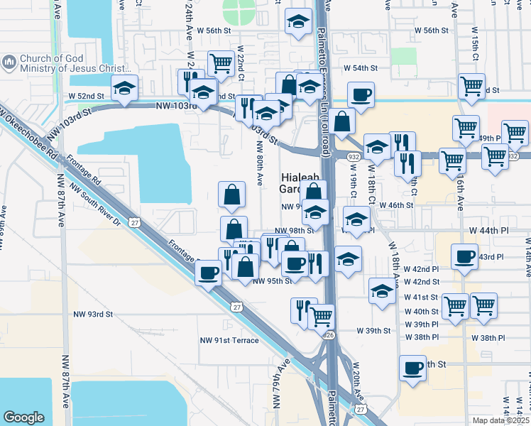 map of restaurants, bars, coffee shops, grocery stores, and more near 9801 Northwest 80th Avenue in Hialeah