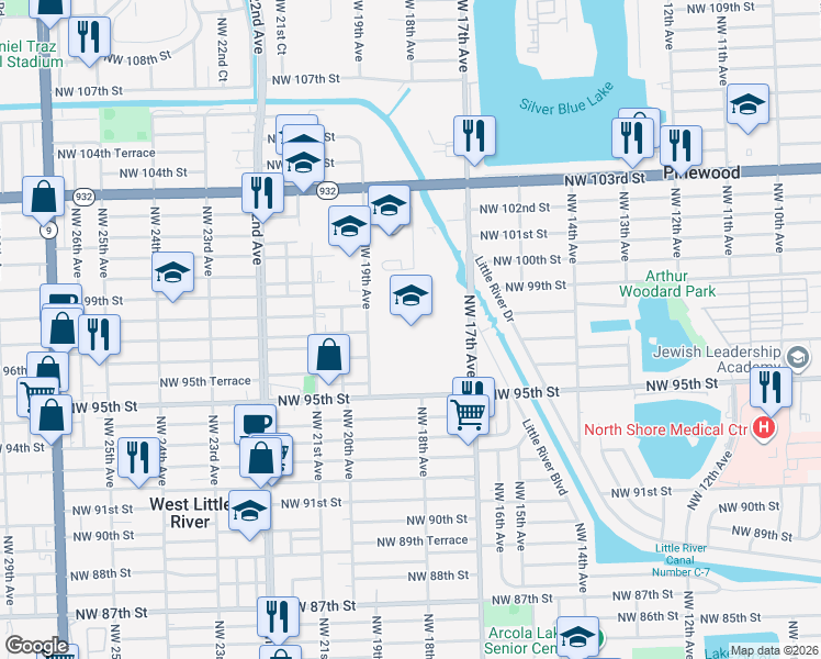 map of restaurants, bars, coffee shops, grocery stores, and more near 1781 Northwest 95th Street in Miami