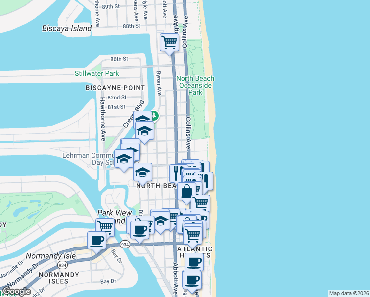 map of restaurants, bars, coffee shops, grocery stores, and more near in Miami Beach