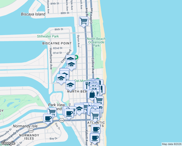 map of restaurants, bars, coffee shops, grocery stores, and more near in Miami Beach