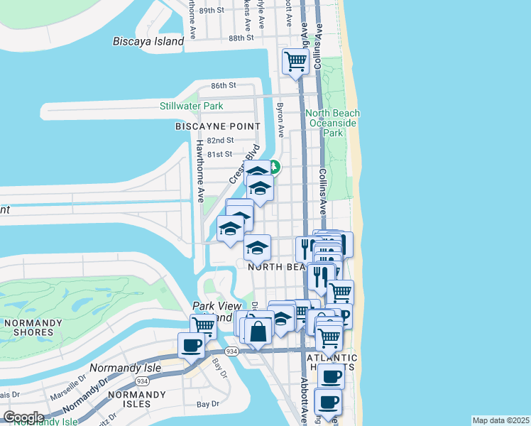 map of restaurants, bars, coffee shops, grocery stores, and more near 7742 Byron Avenue in Miami Beach