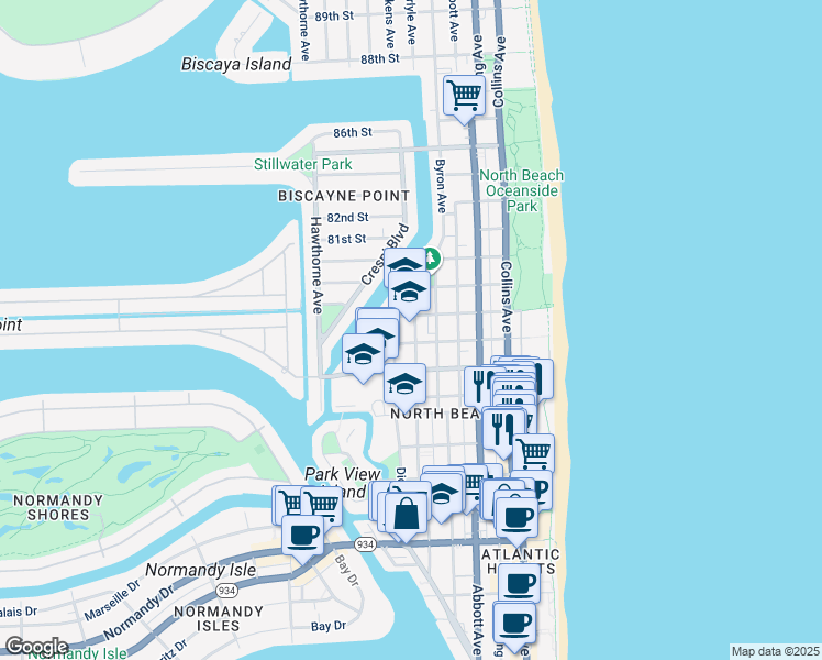 map of restaurants, bars, coffee shops, grocery stores, and more near 630 78th Street in Miami Beach