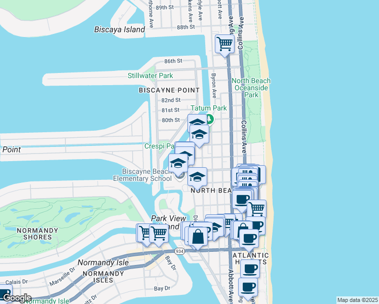 map of restaurants, bars, coffee shops, grocery stores, and more near 630 78th Street in Miami Beach