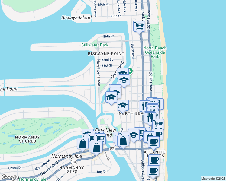 map of restaurants, bars, coffee shops, grocery stores, and more near 7772 Tatum Waterway Drive in Miami Beach