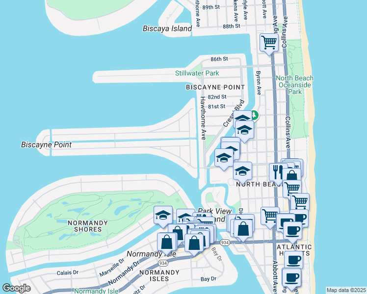 map of restaurants, bars, coffee shops, grocery stores, and more near 7758 Noremac Avenue in Miami Beach