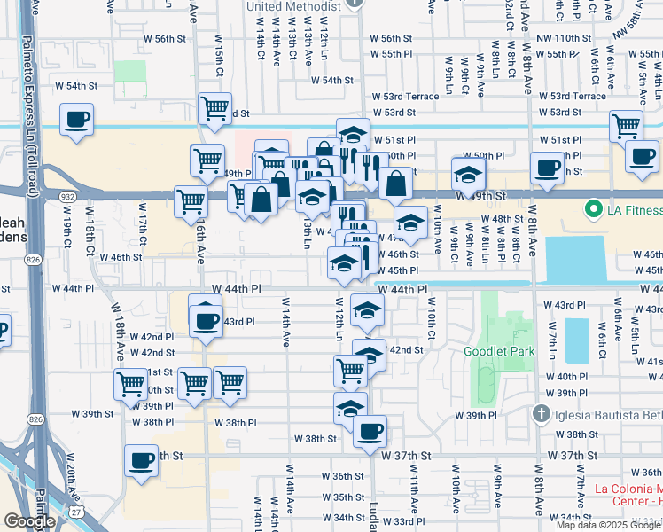 map of restaurants, bars, coffee shops, grocery stores, and more near 1280 West 46th Street in Hialeah