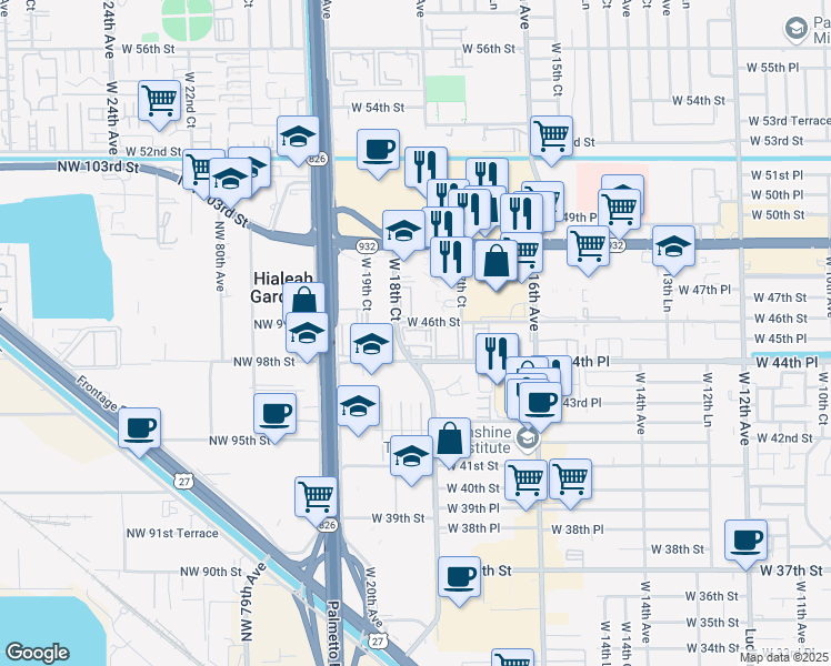 map of restaurants, bars, coffee shops, grocery stores, and more near 1825 West 44th Place in Hialeah
