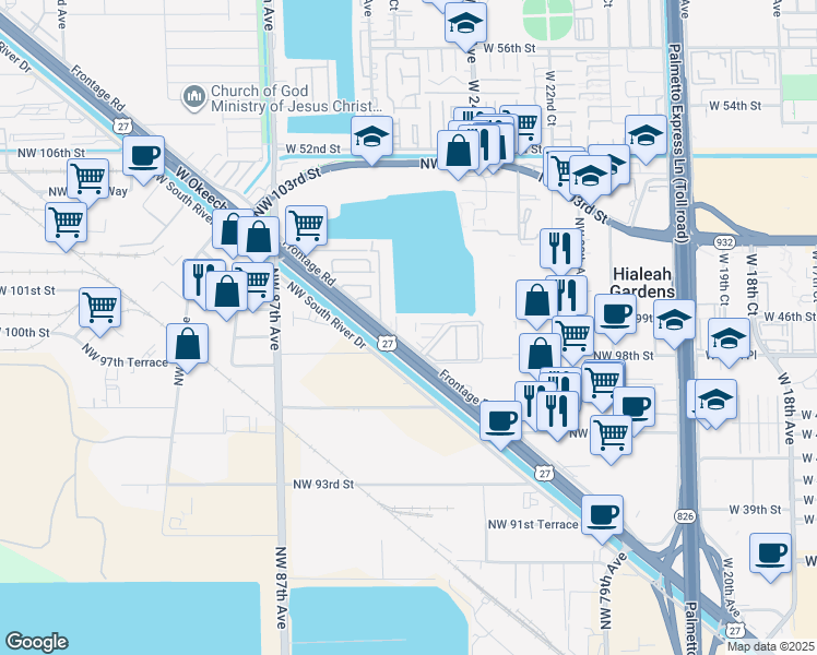 map of restaurants, bars, coffee shops, grocery stores, and more near 9837 West Okeechobee Road in Hialeah