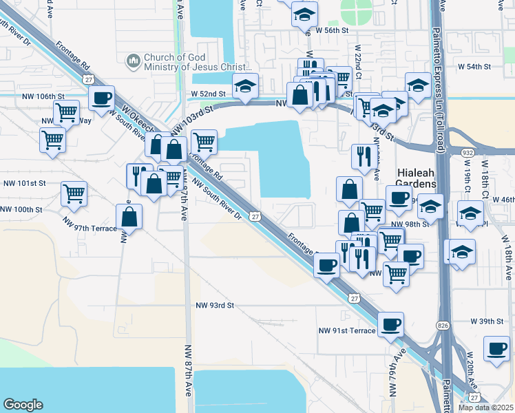 map of restaurants, bars, coffee shops, grocery stores, and more near 9837 West Okeechobee Road in Hialeah