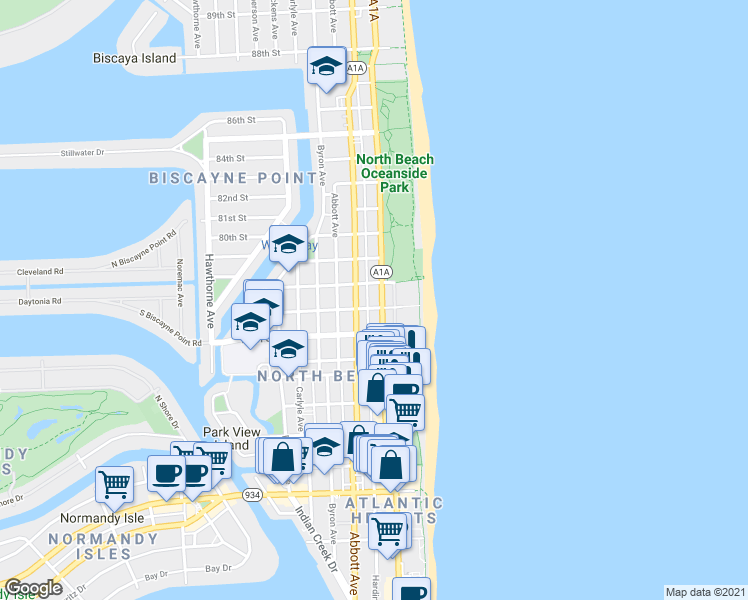 map of restaurants, bars, coffee shops, grocery stores, and more near 7741 Collins Avenue in Miami Beach