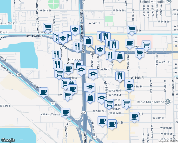 map of restaurants, bars, coffee shops, grocery stores, and more near 1975 West 44th Place in Hialeah