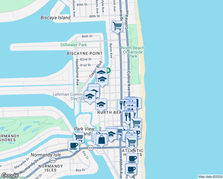 map of restaurants, bars, coffee shops, grocery stores, and more near 7744 Byron Avenue in Miami Beach