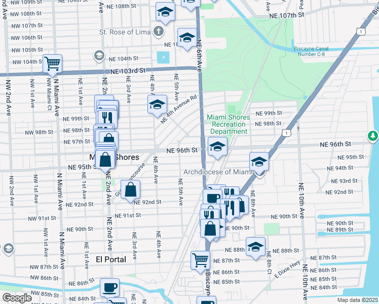 map of restaurants, bars, coffee shops, grocery stores, and more near 540 Northeast 96th Street in Miami Shores