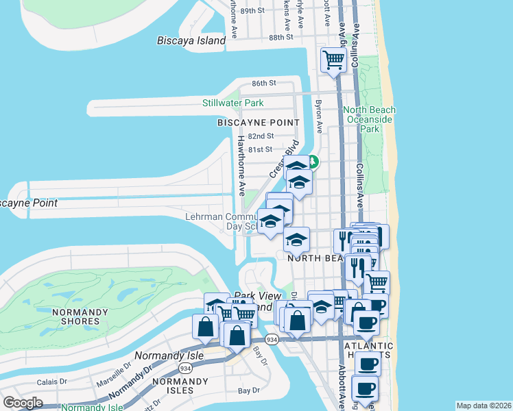 map of restaurants, bars, coffee shops, grocery stores, and more near 7825 Crespi Boulevard in Miami Beach