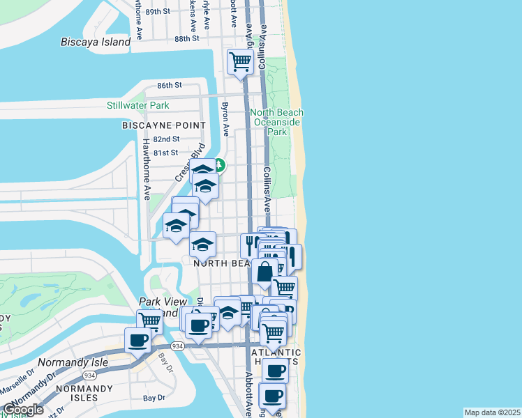 map of restaurants, bars, coffee shops, grocery stores, and more near 7741 Collins Avenue in Miami Beach