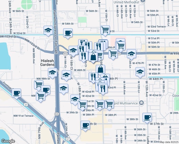 map of restaurants, bars, coffee shops, grocery stores, and more near 439 West 17th Court in Hialeah