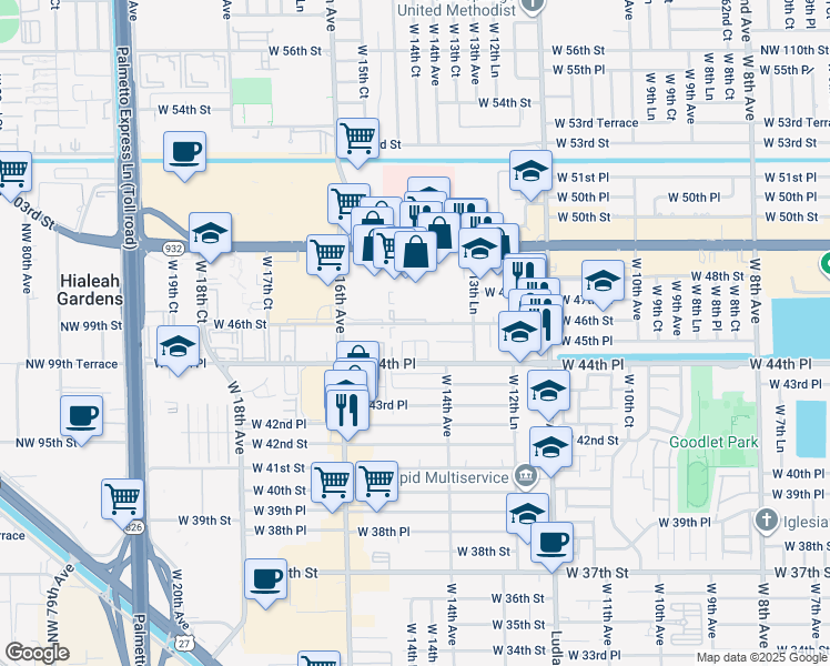 map of restaurants, bars, coffee shops, grocery stores, and more near 4526 West 14th Court in Hialeah