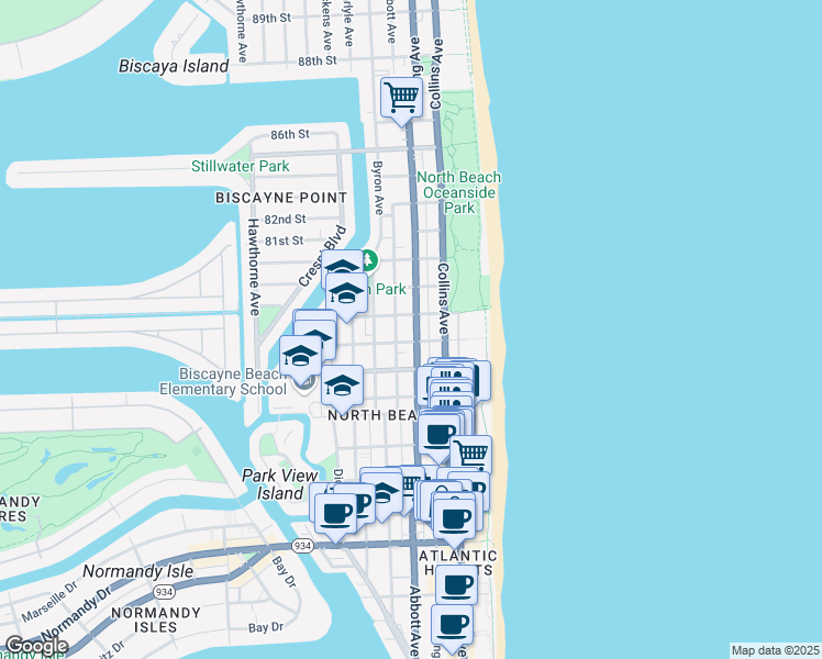 map of restaurants, bars, coffee shops, grocery stores, and more near in Miami Beach