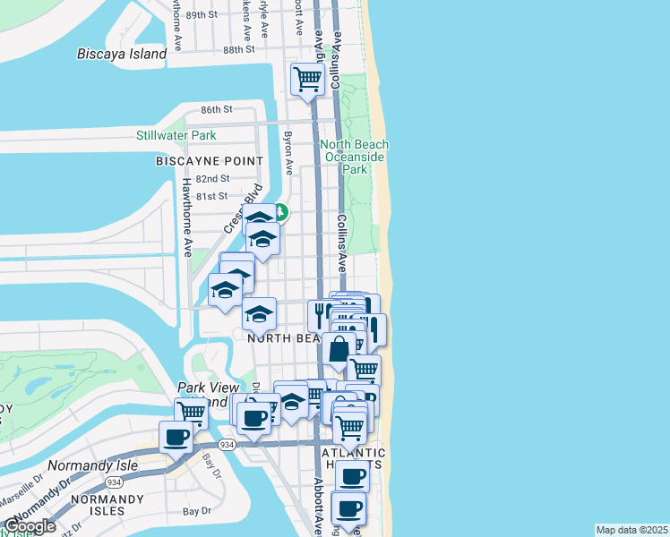 map of restaurants, bars, coffee shops, grocery stores, and more near in Miami Beach