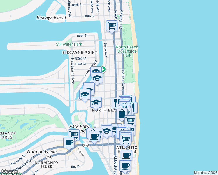 map of restaurants, bars, coffee shops, grocery stores, and more near in Miami Beach
