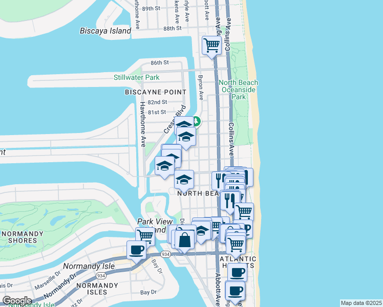 map of restaurants, bars, coffee shops, grocery stores, and more near 7742 Byron Avenue in Miami Beach