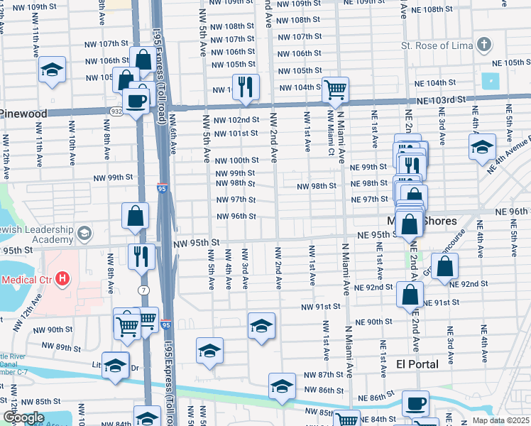 map of restaurants, bars, coffee shops, grocery stores, and more near 210 Northwest 96th Street in Miami