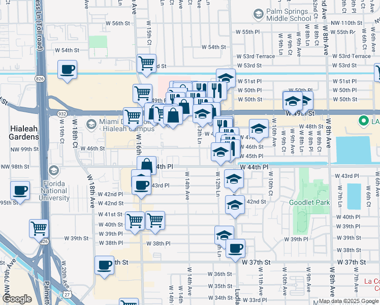 map of restaurants, bars, coffee shops, grocery stores, and more near 202 West 13th Lane in Hialeah
