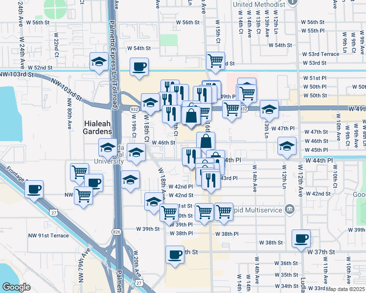 map of restaurants, bars, coffee shops, grocery stores, and more near 439 West 17th Court in Hialeah