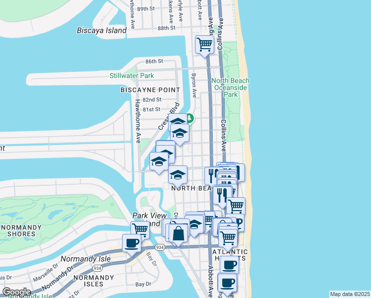 map of restaurants, bars, coffee shops, grocery stores, and more near 7742 Byron Avenue in Miami Beach