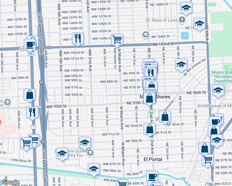 map of restaurants, bars, coffee shops, grocery stores, and more near 29 Northwest 96th Street in Miami Shores