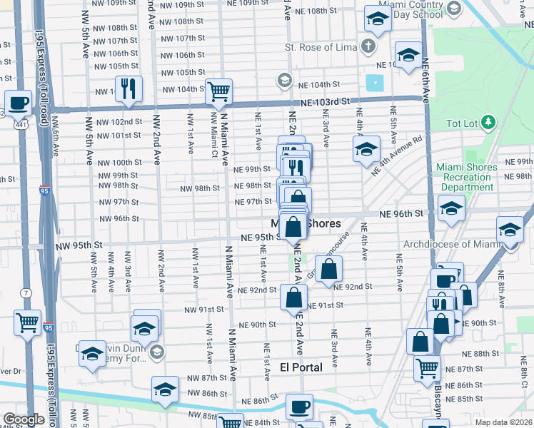 map of restaurants, bars, coffee shops, grocery stores, and more near 107 Northeast 96th Street in Miami Shores
