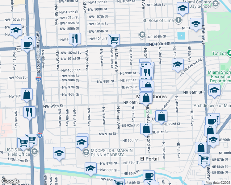 map of restaurants, bars, coffee shops, grocery stores, and more near in Miami Shores