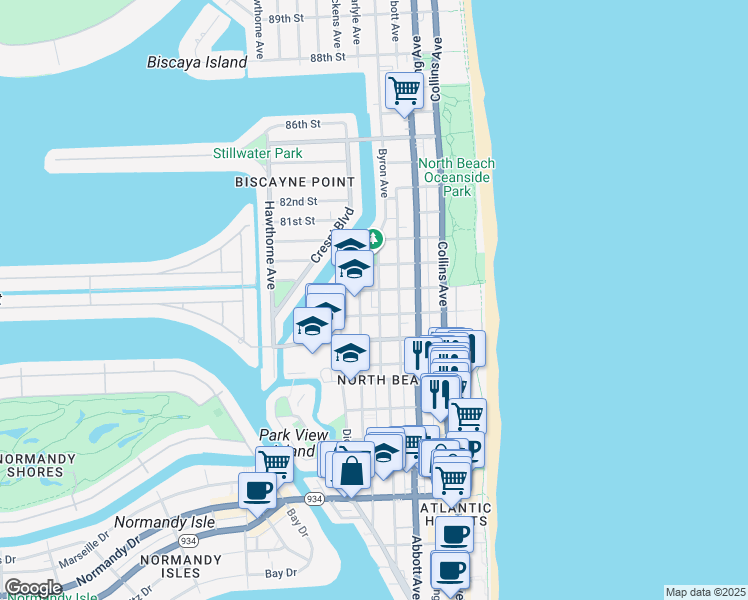 map of restaurants, bars, coffee shops, grocery stores, and more near 7742 Byron Avenue in Miami Beach