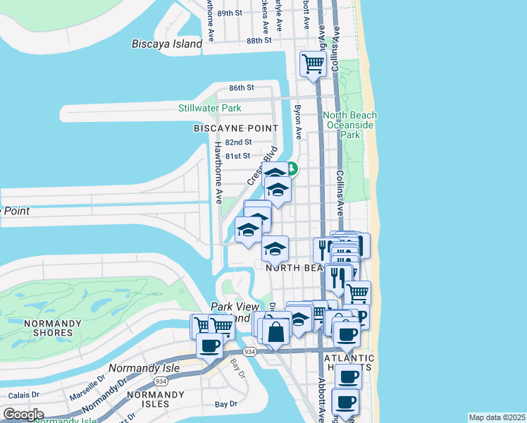 map of restaurants, bars, coffee shops, grocery stores, and more near 630 78th Street in Miami Beach