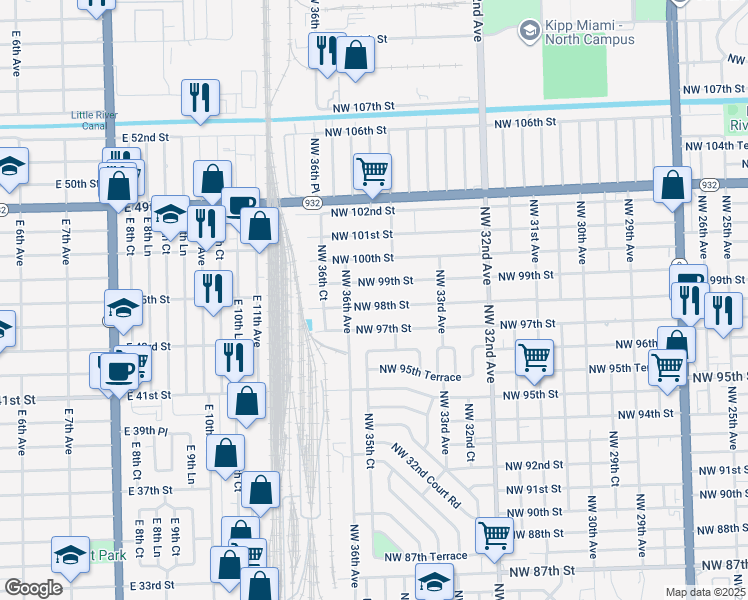 map of restaurants, bars, coffee shops, grocery stores, and more near 3545 Northwest 98th Street in Miami