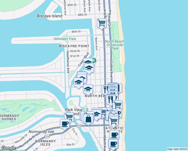 map of restaurants, bars, coffee shops, grocery stores, and more near 7742 Byron Avenue in Miami Beach