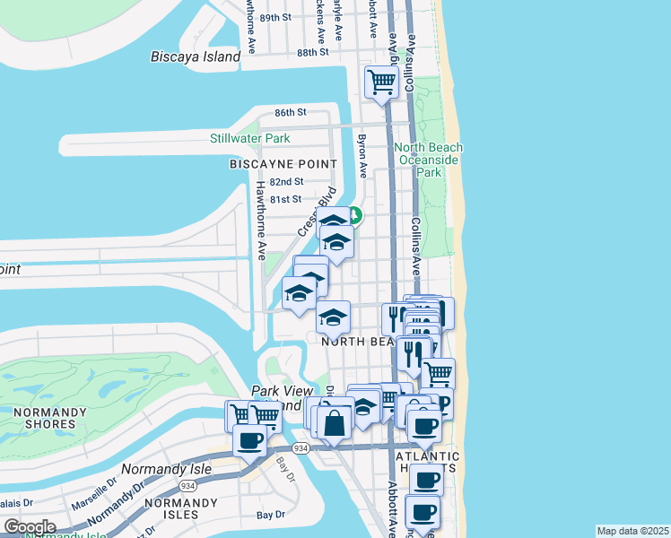 map of restaurants, bars, coffee shops, grocery stores, and more near 630 78th Street in Miami Beach