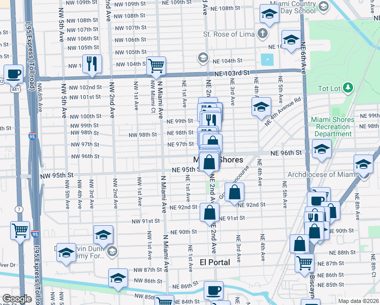 map of restaurants, bars, coffee shops, grocery stores, and more near 136 Northeast 96th Street in Miami Shores