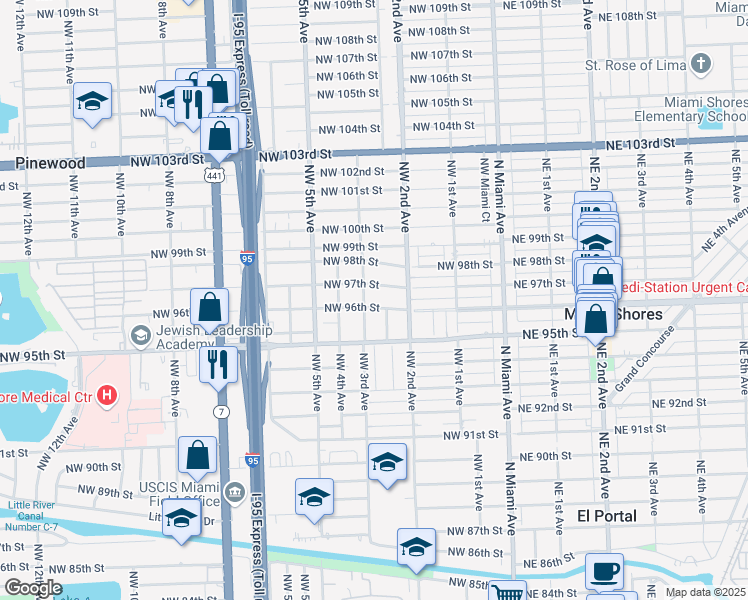 map of restaurants, bars, coffee shops, grocery stores, and more near 9575 Northwest 3rd Avenue in Miami