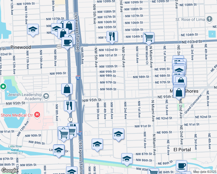 map of restaurants, bars, coffee shops, grocery stores, and more near 9575 Northwest 3rd Avenue in Miami