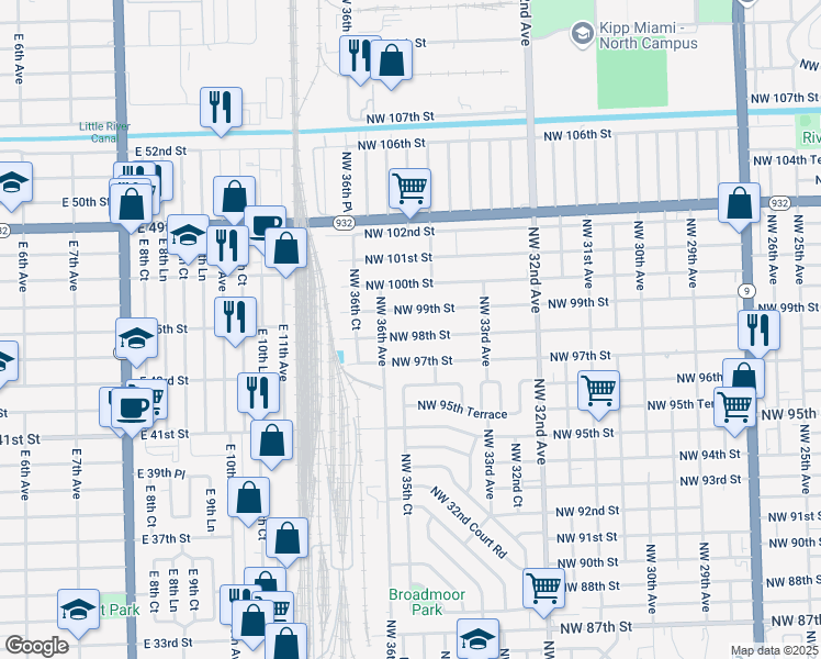map of restaurants, bars, coffee shops, grocery stores, and more near 3571 Northwest 97th Street in Miami