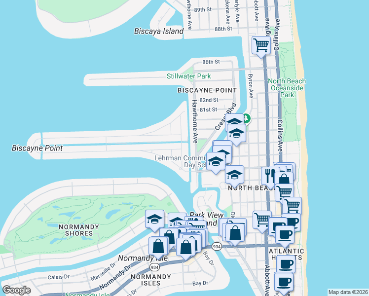 map of restaurants, bars, coffee shops, grocery stores, and more near 7758 Noremac Avenue in Miami Beach