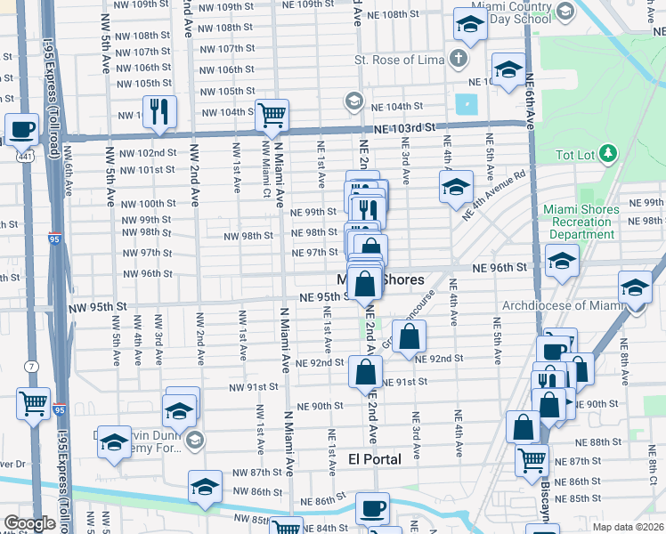 map of restaurants, bars, coffee shops, grocery stores, and more near 107 Northeast 96th Street in Miami Shores