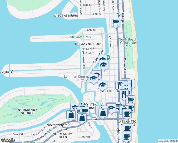 map of restaurants, bars, coffee shops, grocery stores, and more near 7835 Crespi Boulevard in Miami Beach
