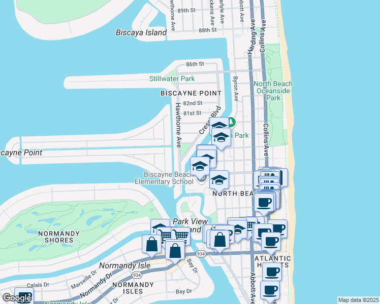 map of restaurants, bars, coffee shops, grocery stores, and more near 7835 Crespi Boulevard in Miami Beach