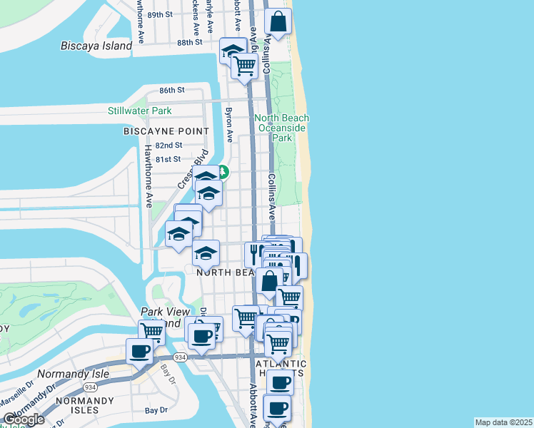 map of restaurants, bars, coffee shops, grocery stores, and more near in Miami Beach